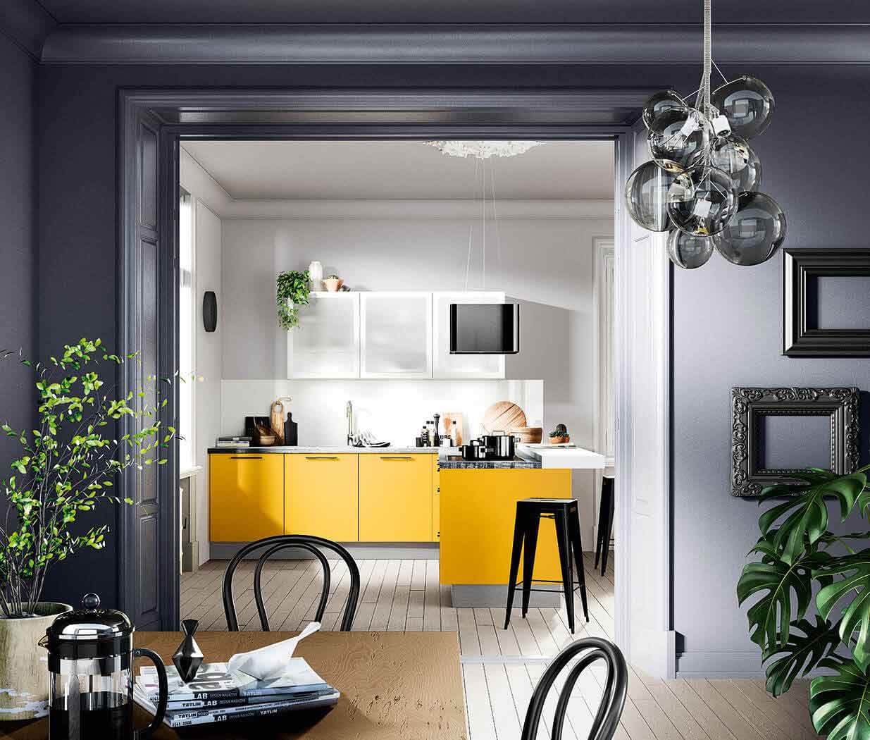 Klein und knallig: Diese Küche überzeugt mit cleverem Stauraum auf wenig Raum. In Goldgelb ist sie der Hingucker für Ihr Zuhause. 